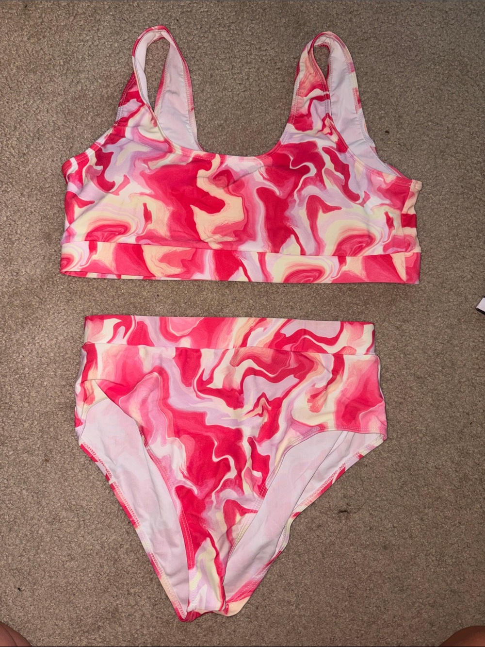 Pink Lily Pink Marble Scoop Neck High-Waist Bikini. Top is XL bottoms L